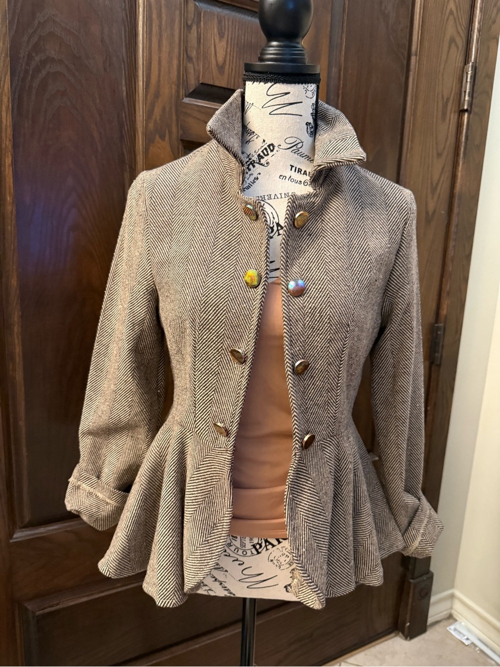 SHEIN Taupe Herringbone Peplum Blazer with Gold Buttons